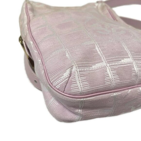 Auth CHANEL New Travel Line Pink White Nylon Jacquard Leather Shoulder Bag - Picture 6 of 9